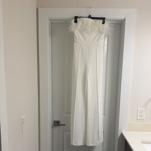 Elegant White Strapless Jumpsuit with Feather Trim